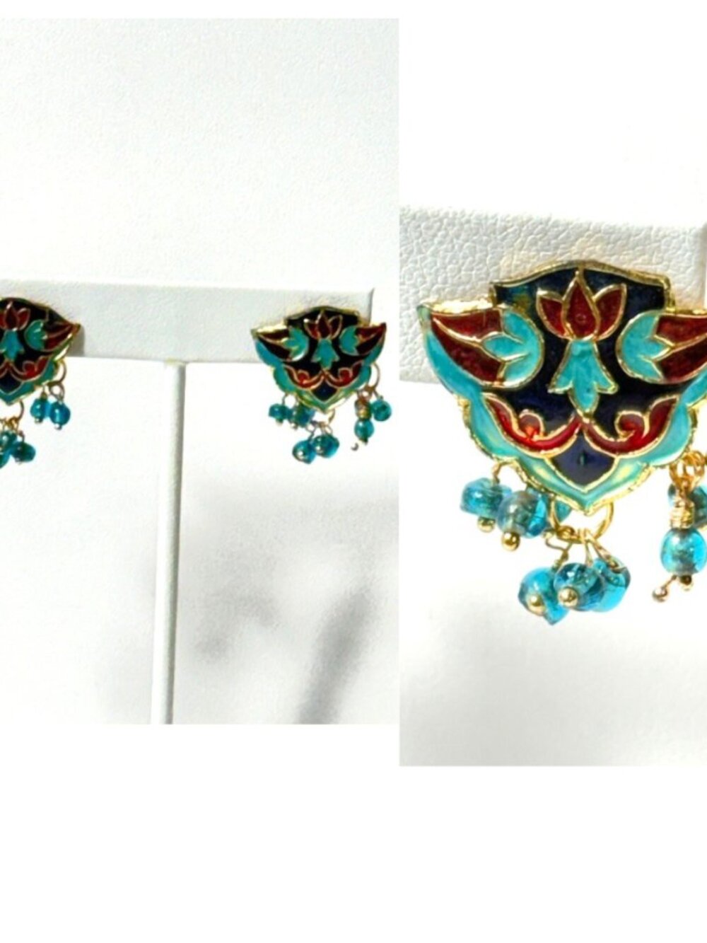 Cloisonne blue and red post earrings.